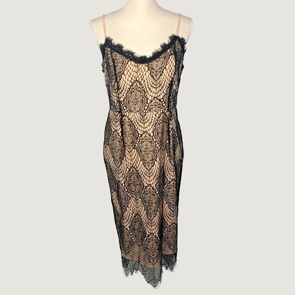 Missguided Dress Womens 14 Black Nude Lace Midi Cami Sheath Eyelash Trim